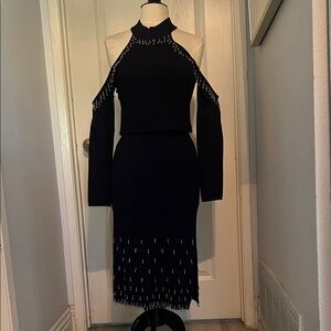 Elegant navy blue Midi Dress with Fringe Detailing